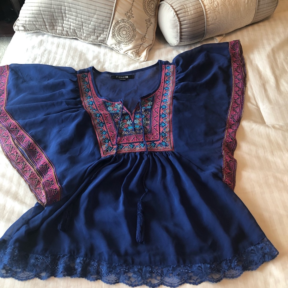 See through Blue Lace Trim Blouse